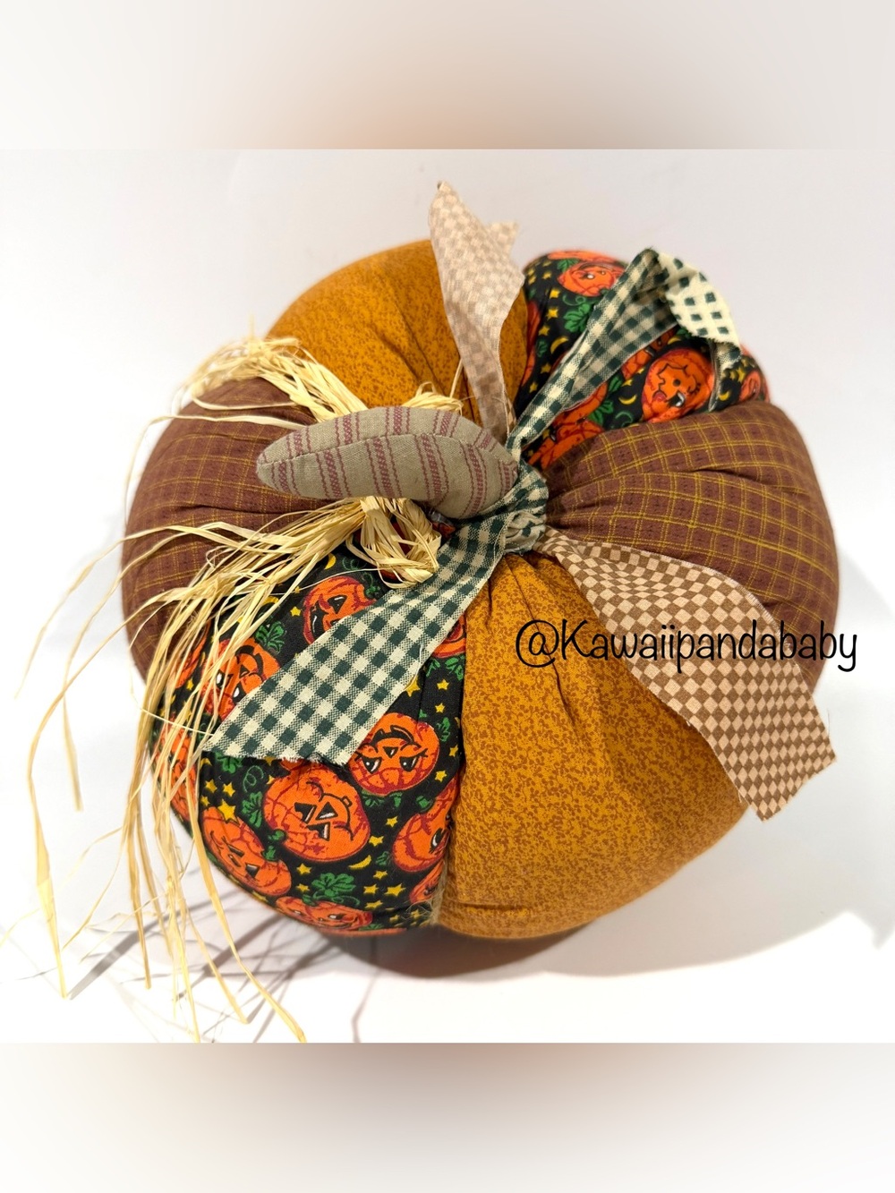 Handmade Vintage 90s Halloween Fall Plaid Patchwork Embroidered Plush Pumpkin 9”